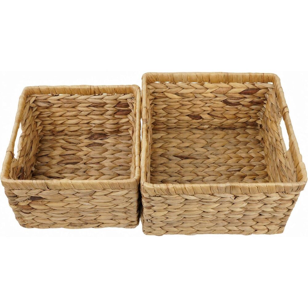 Boho Wicker Storage Baskets Set of 2 Water Hyacinth Handwoven Shelf Organizers